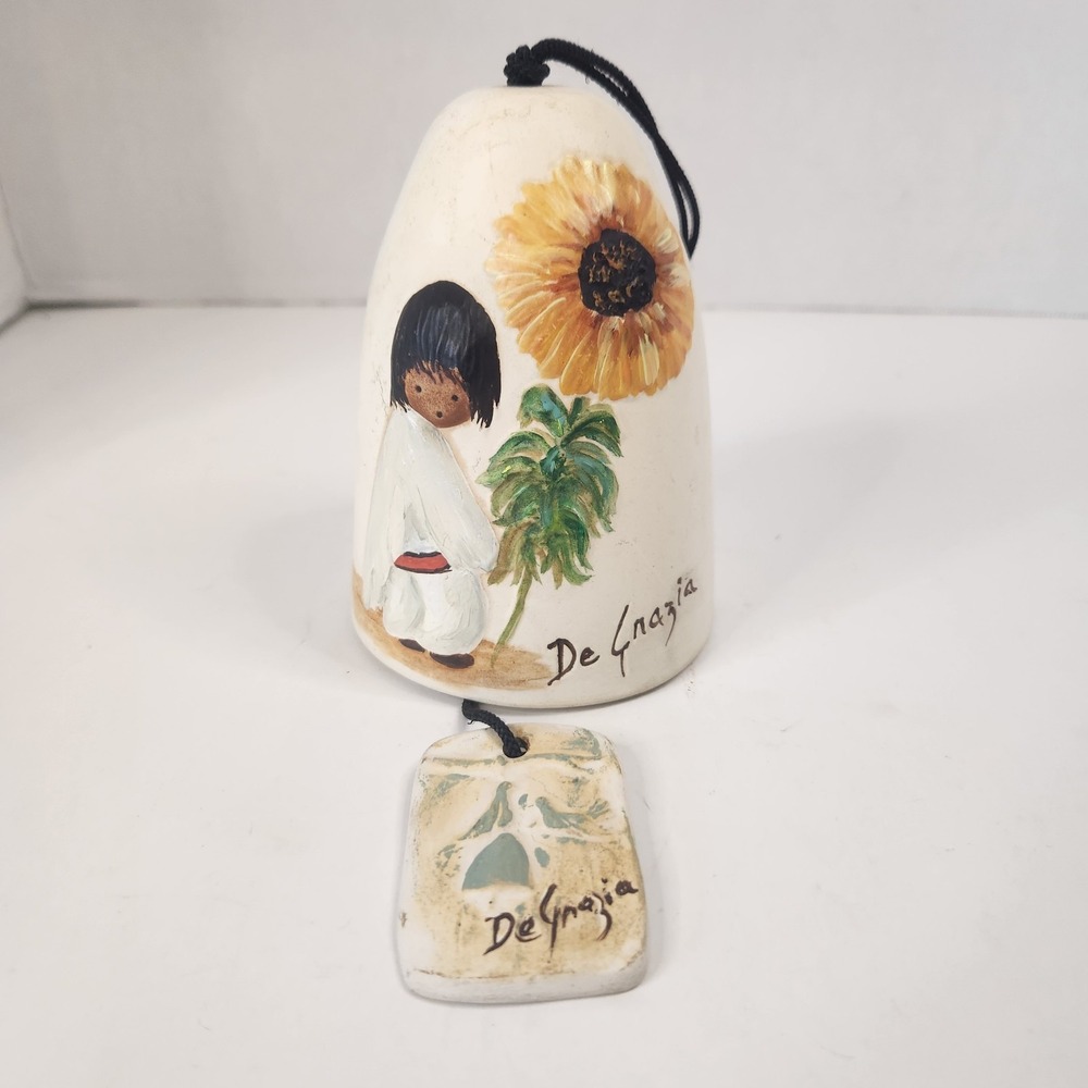 Vintage De Grazia Pottery Bell Wind Chime Girl Sunflowers Bird 5.5" Handpainted